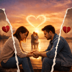 Paar sitzt sich gegenüber und hält sich an den Händen bei Sonnenuntergang – Symbol für Beziehung retten und Versöhnung