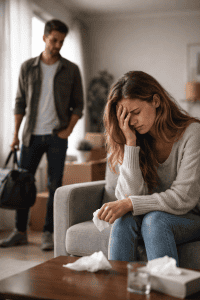 Frau sitzt weinend auf dem Sofa nach einseitiger Trennung, während der Partner mit gepackter Tasche die Wohnung verlässt