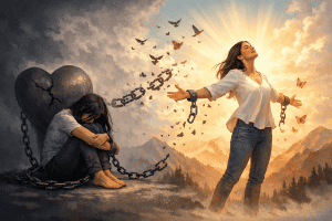 Person löst sich symbolisch von emotionalen Ketten und findet innere Freiheit – emotionale Abhängigkeit lösen