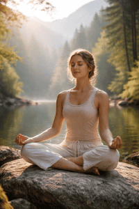Frau sitzt meditierend am ruhigen See in der Natur und strahlt innere Ruhe und Entspannung aus