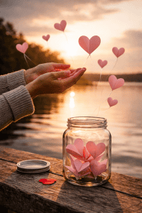 Symbolisches Bild von Händen, die Papierherzen in den Himmel steigen lassen – Loslassen lernen nach Trennung und emotionaler Heilungsprozess