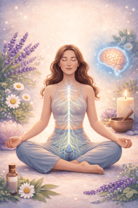 Meditierende Person sitzt ruhig mit geschlossenen Augen, symbolische Darstellung eines regulierten Nervensystems und innerer Entspannung.