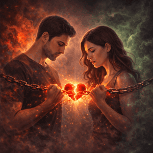 Paar trennt sich emotional trotz Liebe und zerreißt symbolisch eine Kette mit leuchtendem gebrochenem Herz in der Mitte