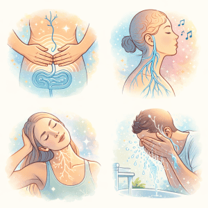 Symbolische Illustration zu Vagusnerv Übungen mit Atemtechnik, Summen, Nackenentspannung und kaltem Wasser zur Aktivierung des Nervensystems