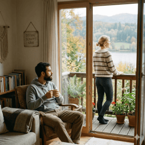 Paar in einer Wohnung, das durch räumliche Distanz und Reflexion versucht, die Beziehung zu retten.