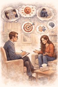 Psychotherapie Sitzung zwischen Therapeut und Patientin in einem ruhigen Praxisraum, während über Emotionen, Gedanken und persönliche Probleme gesprochen wird.