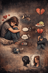 Traurige Frau sitzt weinend auf dem Bett, umgeben von Symbolen für Schlaflosigkeit, Erschöpfung, Herzschmerz und Grübeln als Anzeichen für starken Liebeskummer.